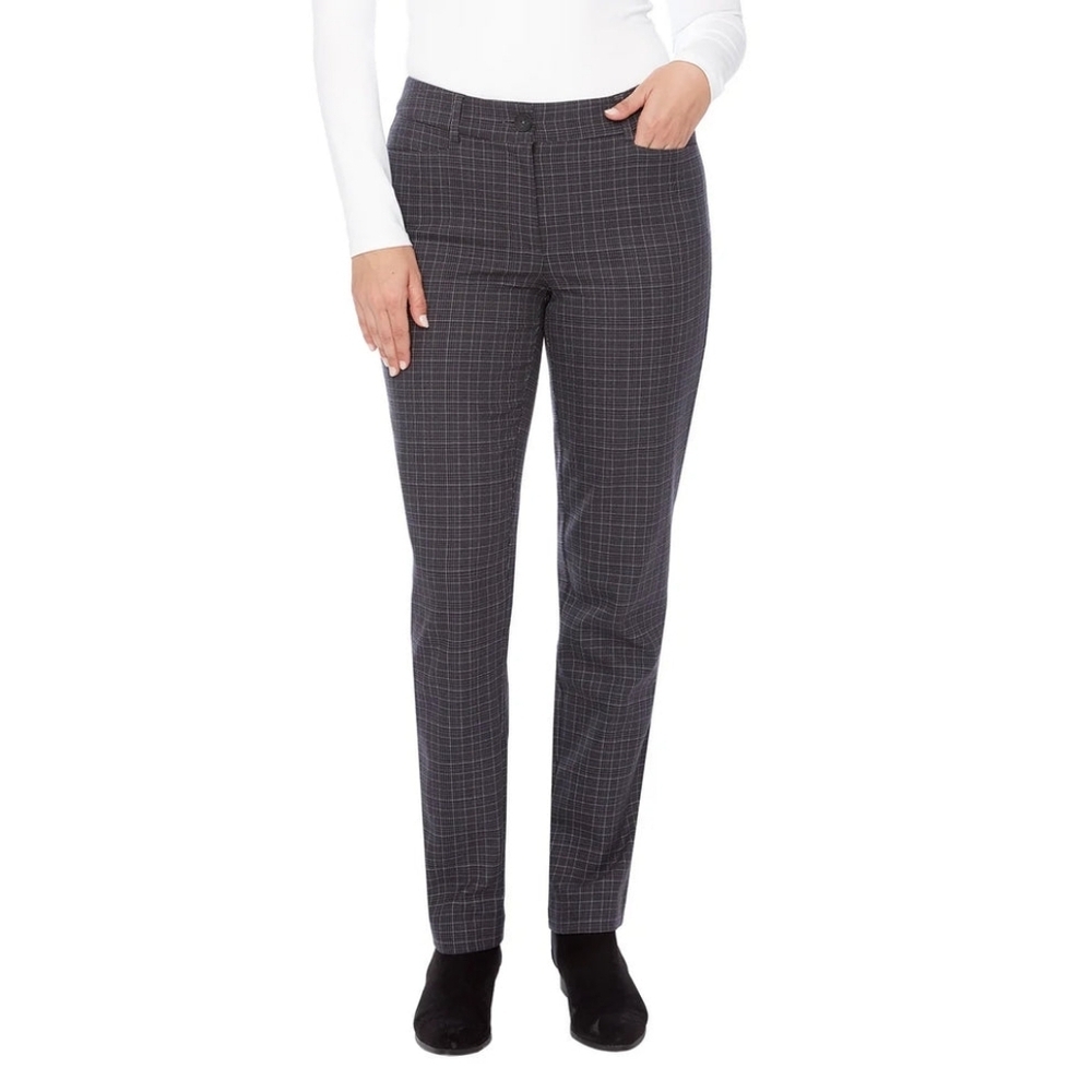 UP! Classic Grey Plaid Stretch Office Preppy Comfort Cotton Pants - Women's